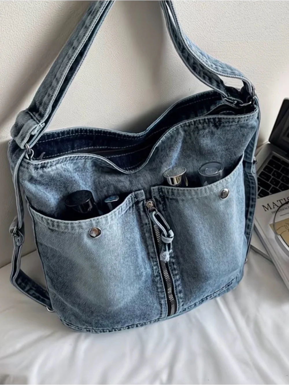 Casual Denim Hobo Bag - Light Blue